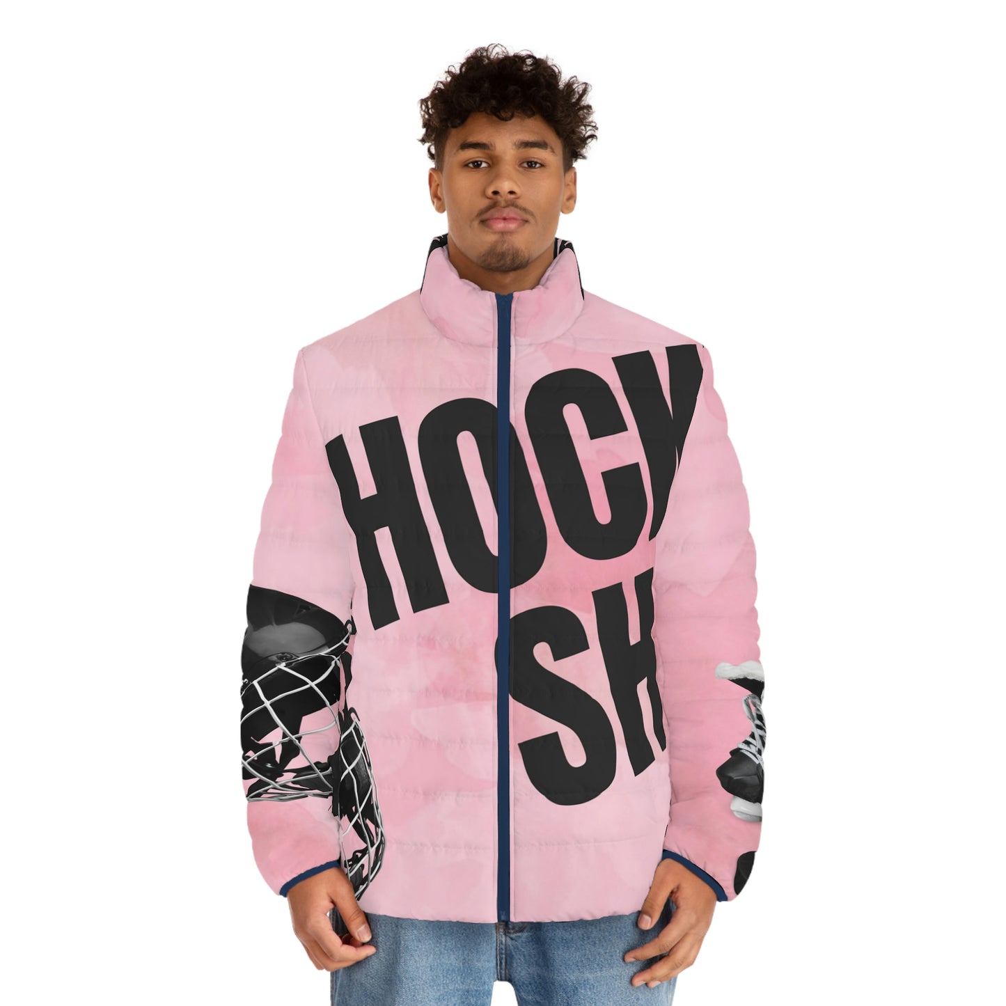 Pink Puck Men's Puffer Jacket (AOP)