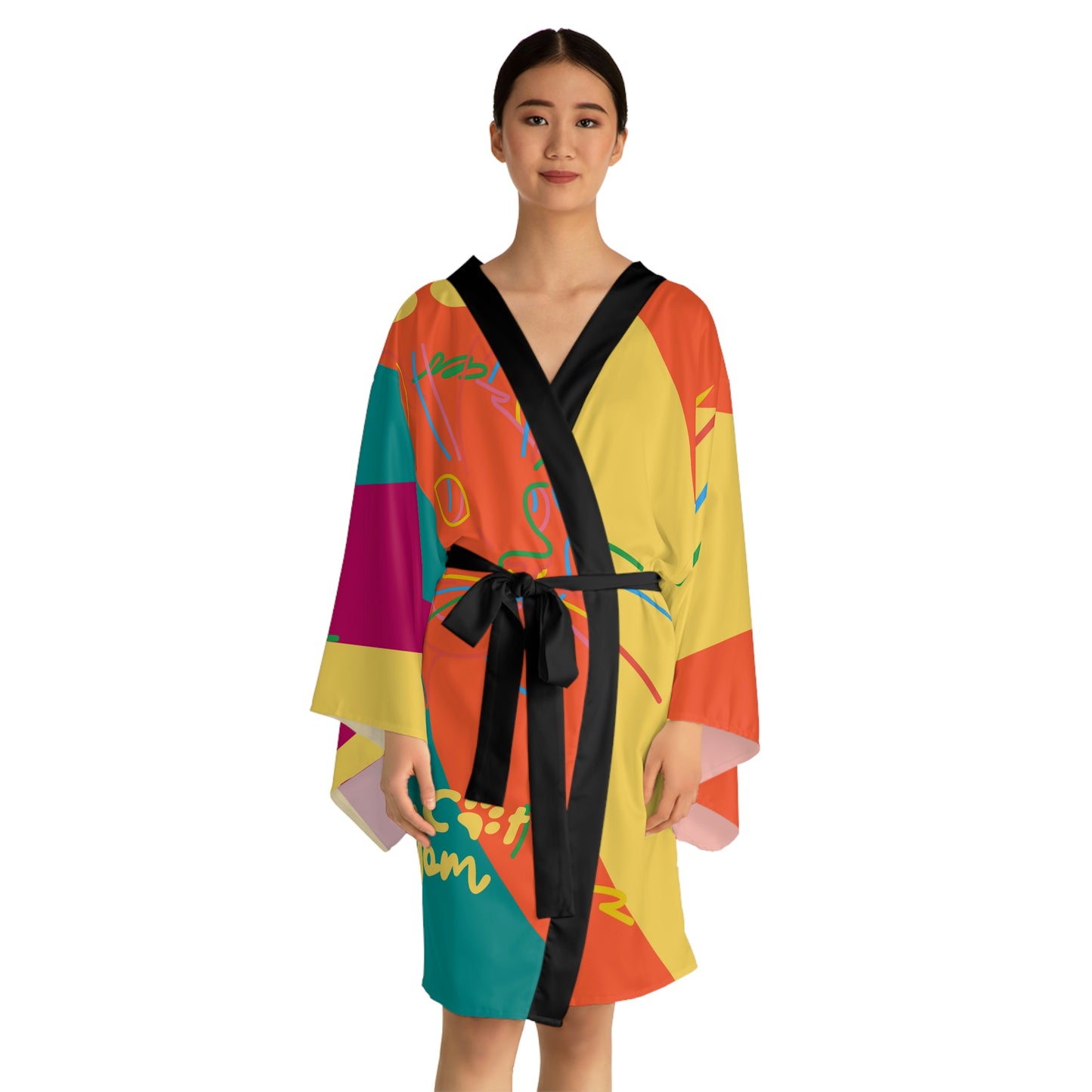 Here Kitty Long Sleeve Kimono Robe (AOP)