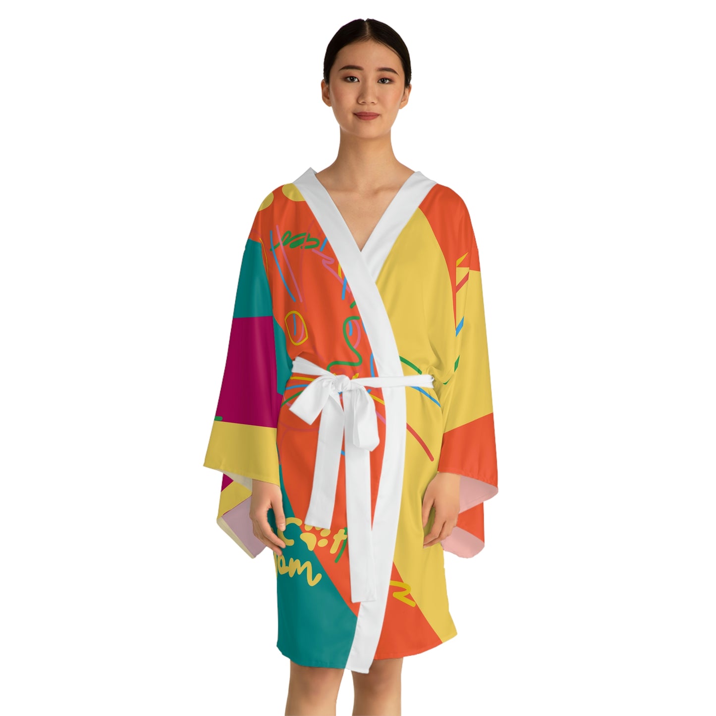 Here Kitty Long Sleeve Kimono Robe (AOP)