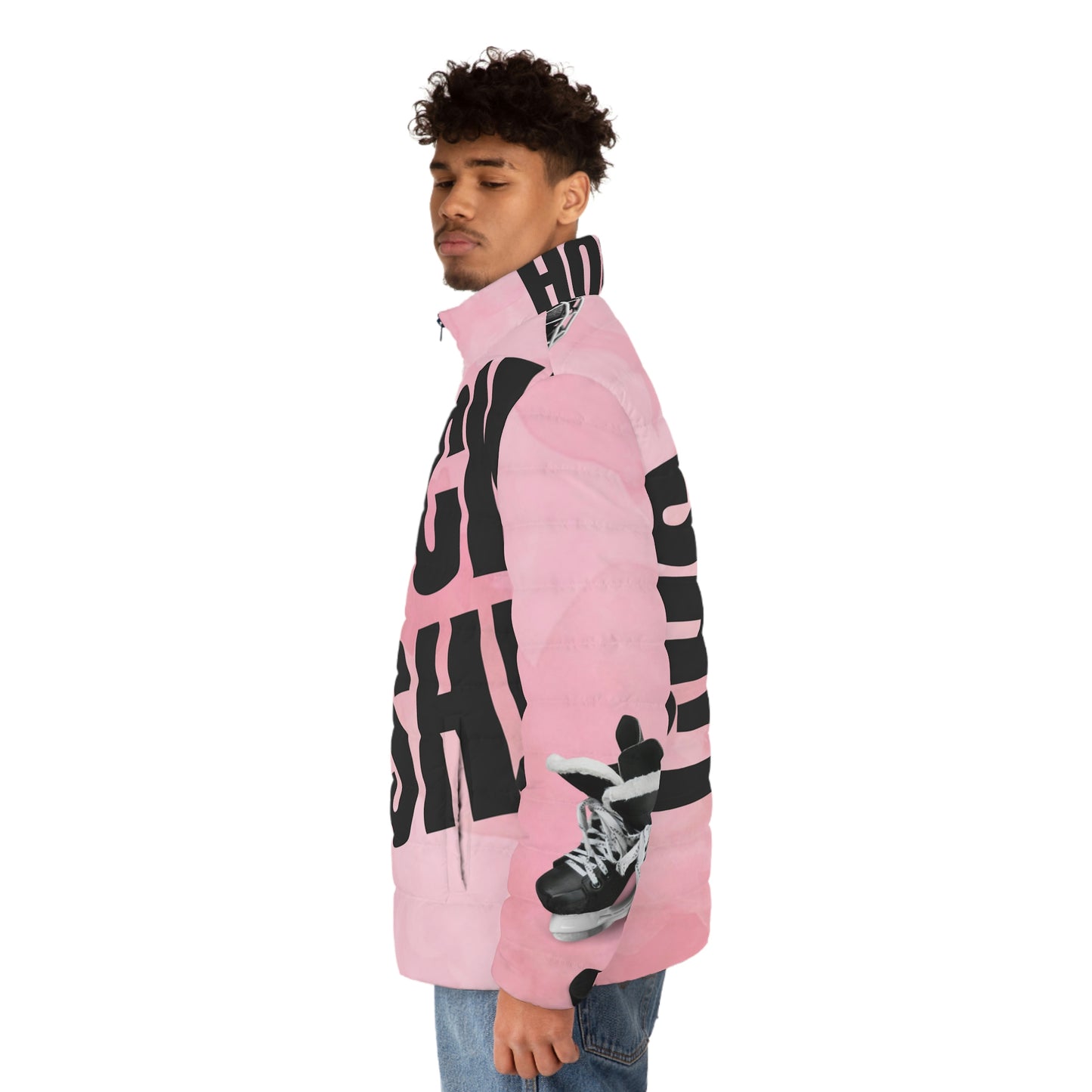 Pink Puck Men's Puffer Jacket (AOP)